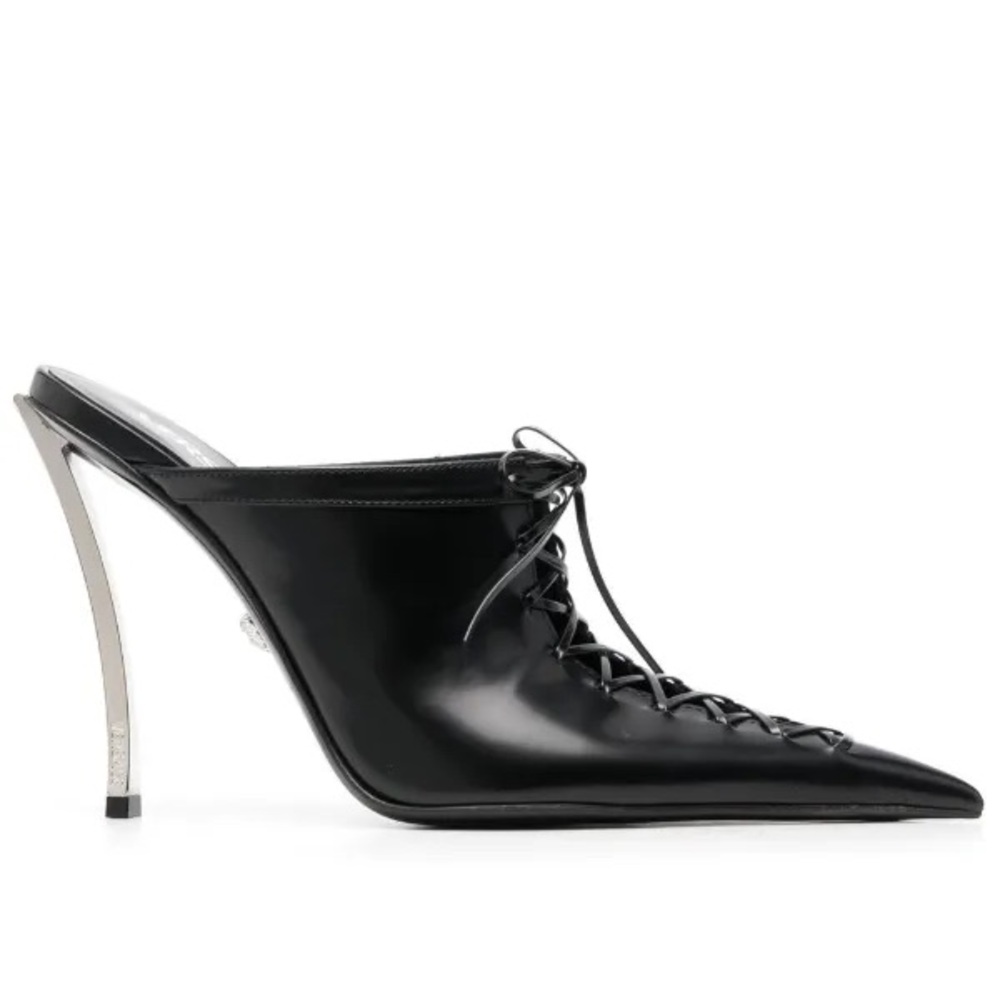 VERSACE 110mm lace-up leather pointed toe mule heels - Picture 2 of 16